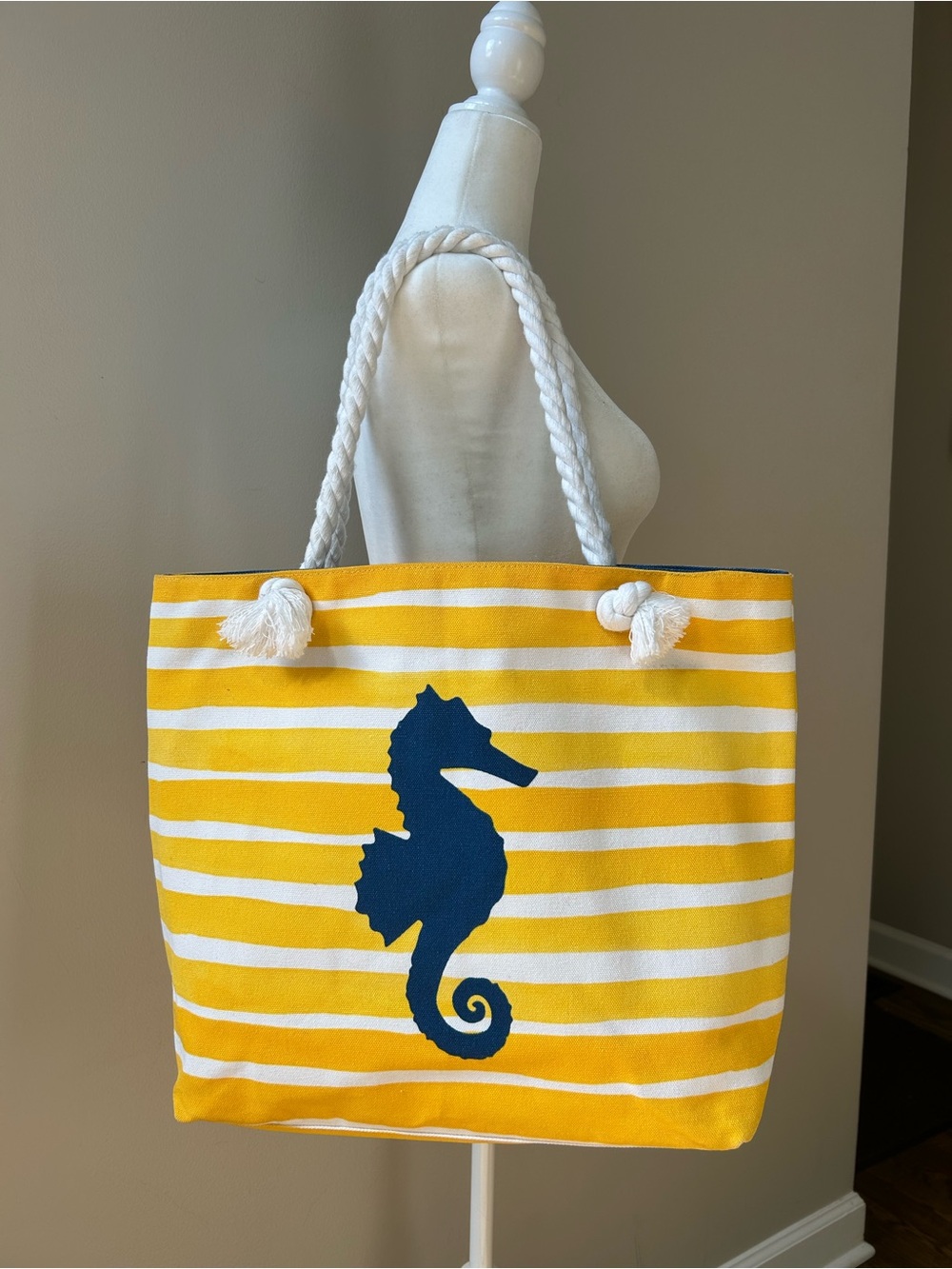 Yellow & White Striped Large Canvas Beach Tote with Navy Seahorse
